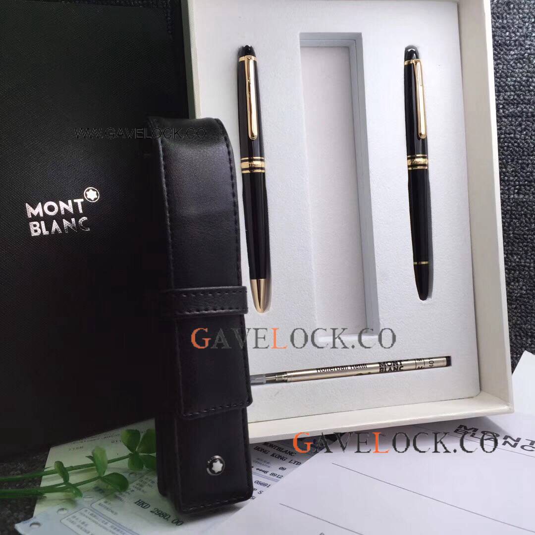 Buy Best Mont Blanc Meisterstuck Black-Gold Ballpoint, Rollerball, Refill and Pen Pouch Set